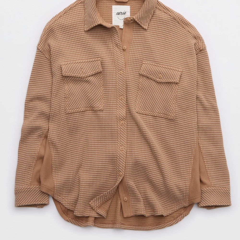 Aerie Lumber Jane Waffle Shirt Shacket Tan Brown Button Medium Oversized - Picture 2 of 5
